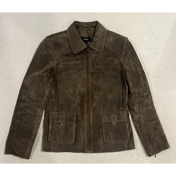 ALFANI WOMEN'S GENUINE LEATHER SUEDE OLIVE GREEN JACKET SIZE‎ MEDIUM POCKETS ZIP