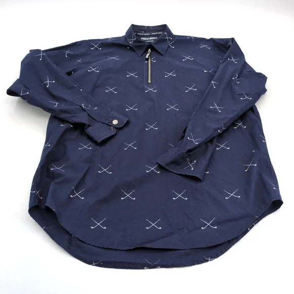 Polo Golf Ralph Lauren Shirt Large Navy Blue Half Zip All Over Print Golf Clubs