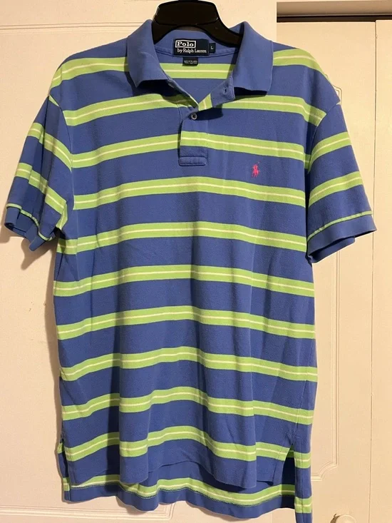 Polo Ralph Lauren Blue & Lime Striped Polo Men’s Size L Vintage Preppy Coastal