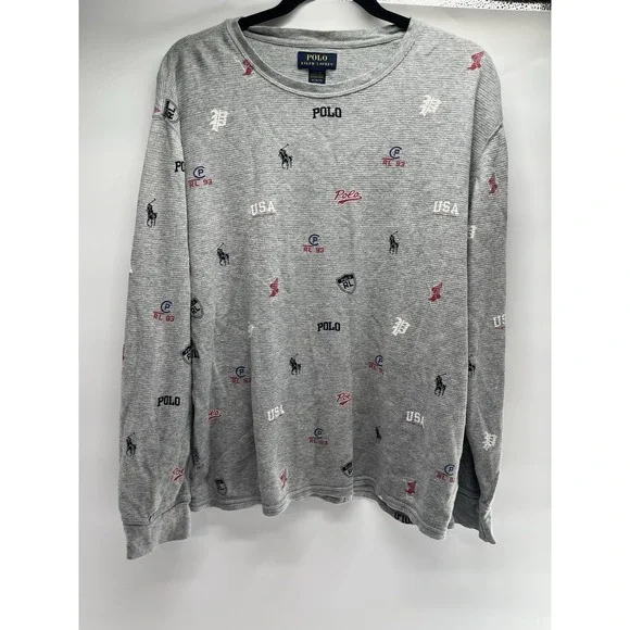Polo Ralph Lauren Mens XLHeather Tossed Icon Print WaffleThermal Crew-Neck Shirt