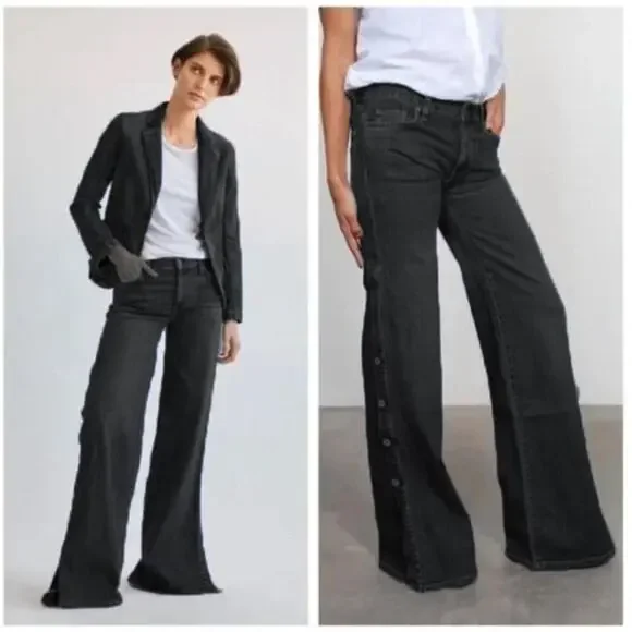 Nili Lotan Women's Ena High Rise Wide Leg Snap Buttons Stretch‎ Jeans Designer
