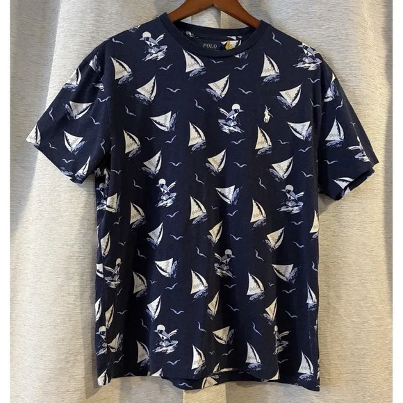 Polo Ralph Lauren Nautical T-Shirt Mens Sz M Navy Sailboat‎ Print Pony