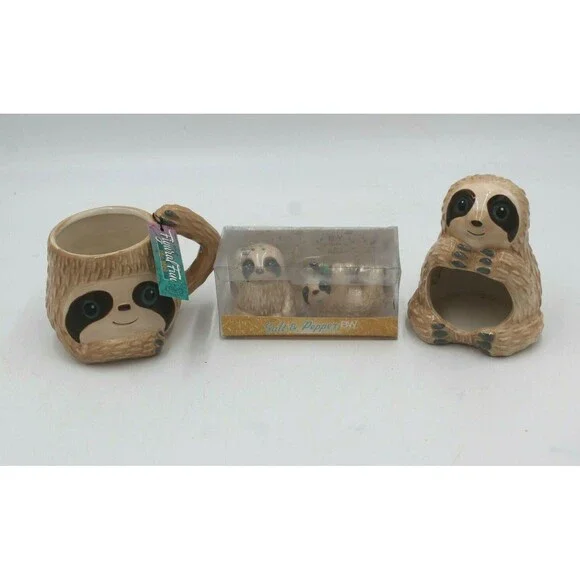 BW Live Slow Sloth Salt & Pepper Shakers Mug Sponge Holder Lot of 4 pcs Cute Set