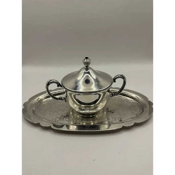 Sheridan Silverplated Sugar Bowl with‎ Lid & Tray Set, Vintage 10