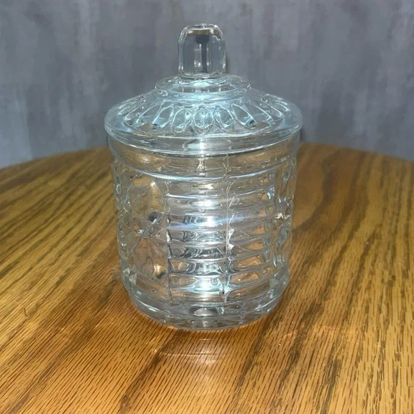 Vintage Federal Glass Clear Sugar Bowl Jam Jar w/Lid & spoon Button & Cane