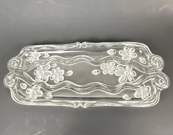 Celento Collection Fine Crystal Rectangle Serving Cake Tray Germany Floral Flowe