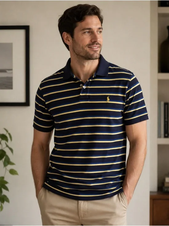 Polo Ralph Lauren Navy Blue Yellow Striped Cotton Polo Shirt XL
