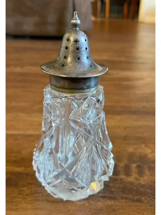 Vintage Cut Glass Salt or Pepper Shaker with Metal Lid (1)