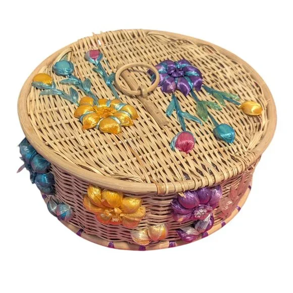 Vintage Wicker Food Cover Floral 3D Embroidery Picnic MCM‎ Boho Raffia