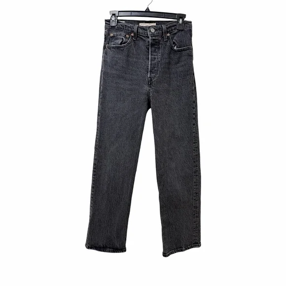 Levis Ribcage Straight Ankle Jeans Womens 27x27 Black Dark Wash Button Fly