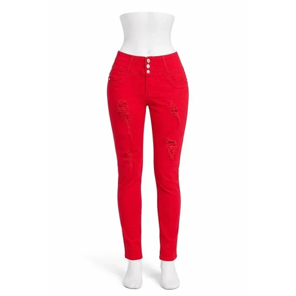 Silver Diva‎ Red Distressed Skinny Jeans High Rise Rhinestone Pocket Size 9