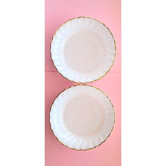 2 Anchor Hocking Fire King Milk Glass Swirl Bread Plates Gold Rim White 7 in.