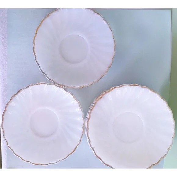 7 Anchor Hocking Fire King Milk Glass Swirl Saucers Gold Rim White 5 & 3/4 in.