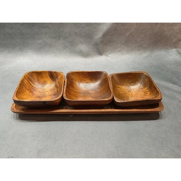 Vintage Acacia Wood Serving Set 3 Square Bowls and Rectangular Tray Philippines