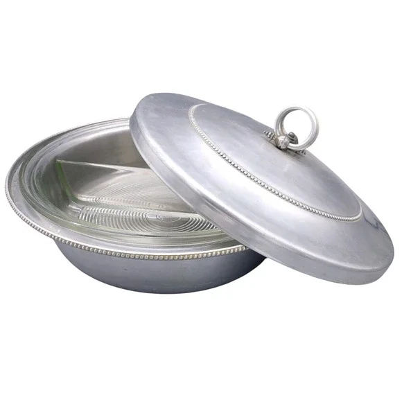 B W Buenilum Aluminum Covered Serving Dish w Pyrex #595 Divided Bowl Vintage‎
