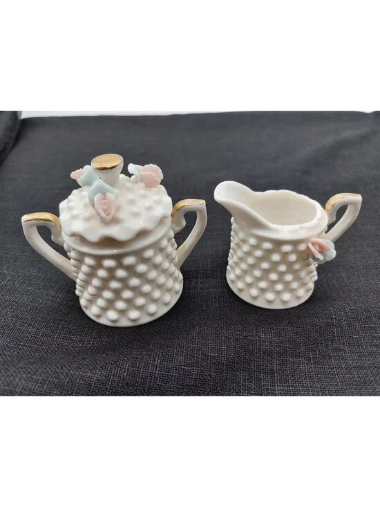 Vintage Mini White Gold Trim Hobnail Creamer And Sugar Floral 2