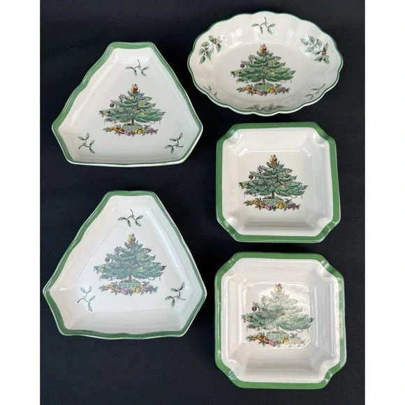 Spode Christmas Tree Pattern Lot Of 5 Small Trays Square Oval & Triangle