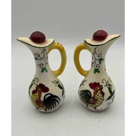 VTG 1950's Rooster & Rose Ceramic Pitcher Salt Pepper‎ Shakers - Country Kitchen