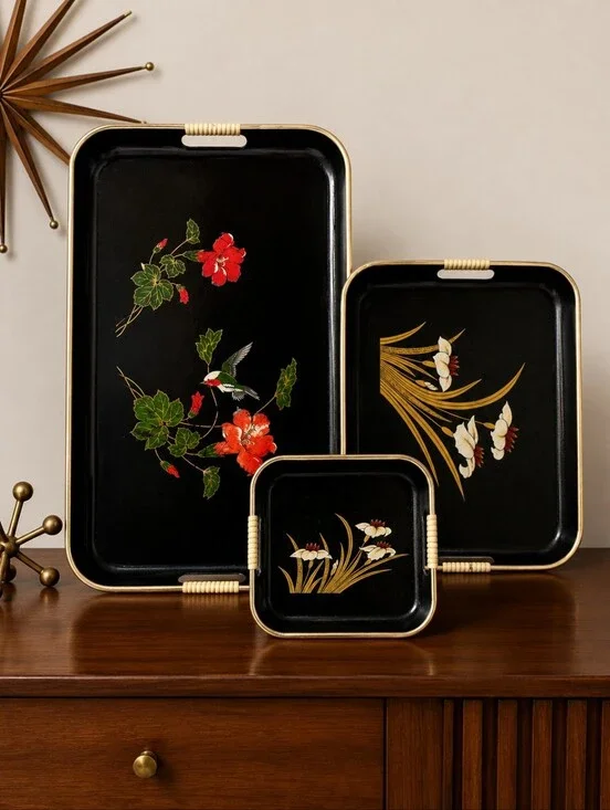 Vintage MCM Toleware Style Metal Serving Tray Set of 3 Black Gold Floral
