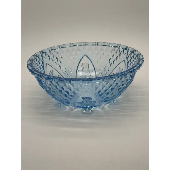 Vintage Light Blue Pressed Glass Footed Floral Diamond Bowl Scalloped Rim 10in