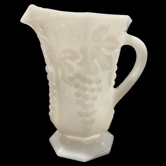 Vintage Anchor Hocking Milk Glass Grape  and Leaf Pattern pitcher cir.1938-1943‎
