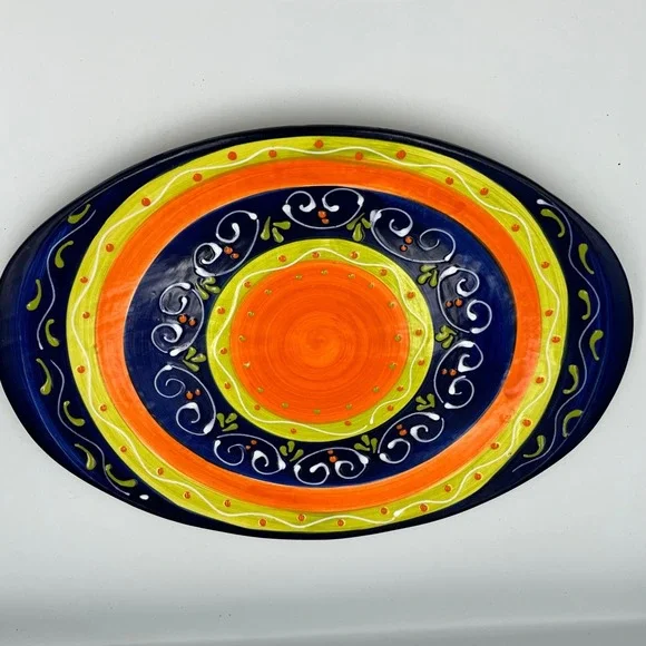 Pier 1 Imports Cypress Stripes Oval Platter Hand Painted Earthenware Spain 15x10