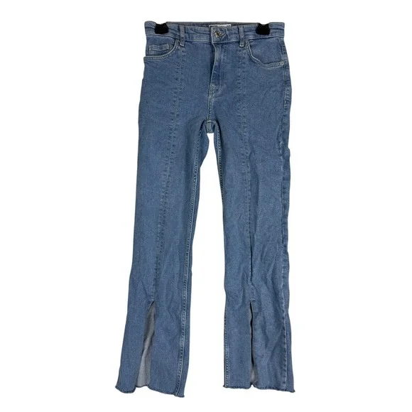 Bershka Flare Jeans Womens 6 Blue Light Wash High Rise Split Hem Stretch Denim