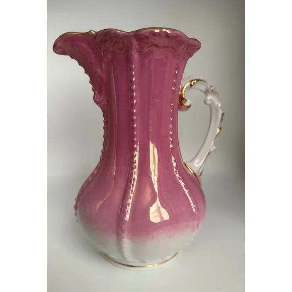 VTG Pink Ombre Porcelain Pitcher Gold Gilded Ornate Handle Mold 6975‎ Victorian
