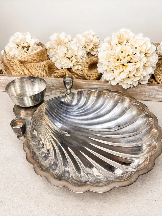 Silver Shell-Shaped Serving Platter with Dip Bowl and Candle Holders