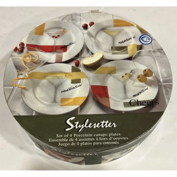 New W/Box American Atelier Canape Appetizer Plates Set of 4 Martini Cheers 6.5
