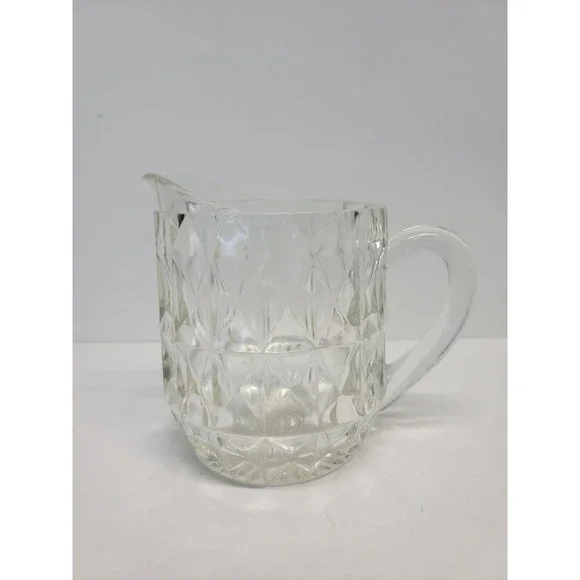 Vintage Clear Pressed Glass Diamond Point Creamer Pitcher‎ Small Milk Jug 4.5in