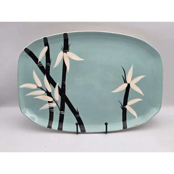 Weil Ware Platter Turquoise Fair Bamboo MCM California Pottery 13.5in