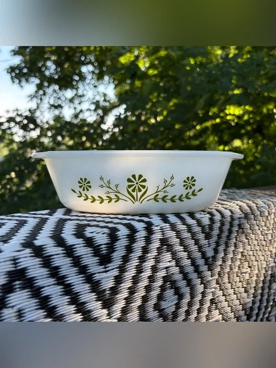 Vintage 1960’s Glasbake milk glass green daisy floral design dish-ware