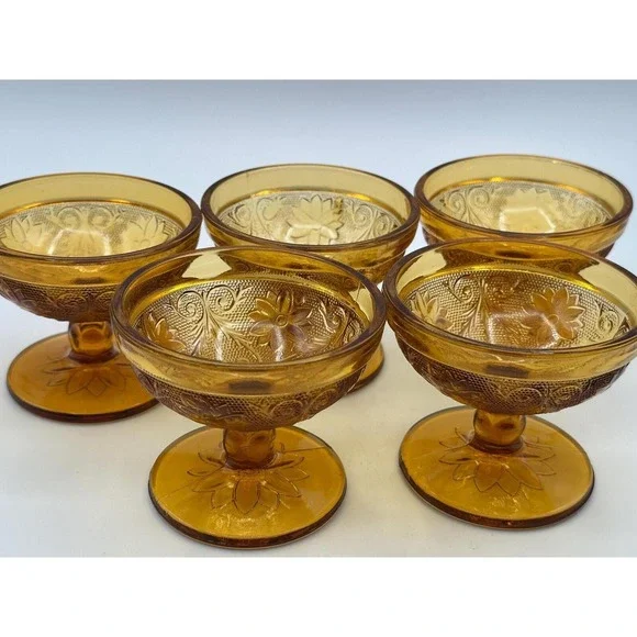 Vintage Amber Glass Dessert Set — 5 Sherbet Cups & 6 Plates, MCM Glassware