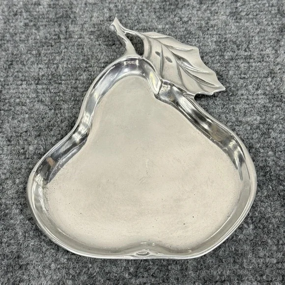 Fitz & Floyd Silver Metal Pear Shaped Serving Tray Small Leaf Handle Decor