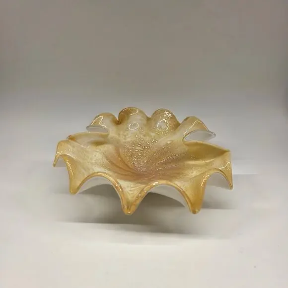 Vintage Murano Gold Aventurine Art Glass Ruffled Bowl Italy