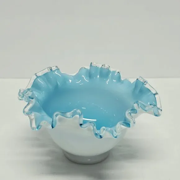 Fenton Teal White Bowl Silver Jamestown Blue Glass Vintage Ruffle Edge MCM