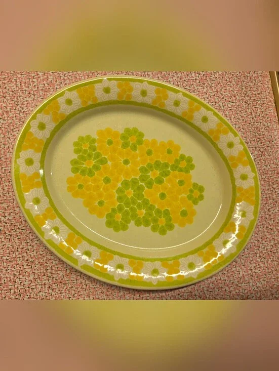 Vintage Franciscan Picnic Oval Serving Platter Green Yellow Daisy 12