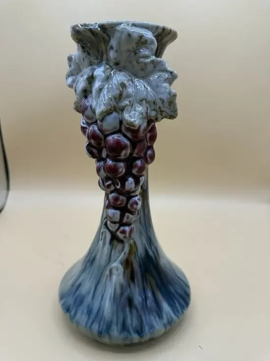 Vintage Majolica Style Grape Cluster Vase Blue Drip Glaze Art Pottery 9.5”