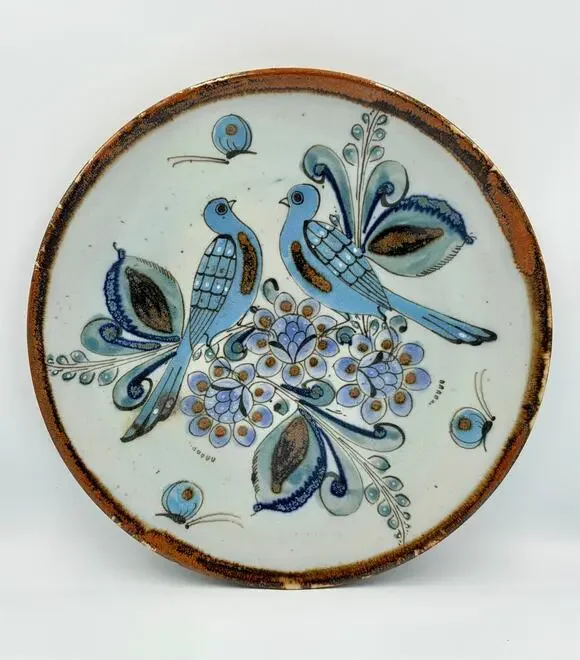 1950s Folk-Art Ken Edwards Tonala Pottery Hand Painted Bird Serving Chop Plate