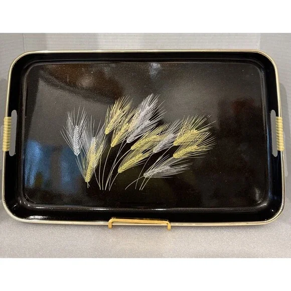 Vtg Japanese Black Lacquer Plastic Serving Tray Wheat Gold Trim Copper S…