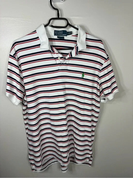 Polo Ralph Lauren Custom Fit Striped Polo Shirt White Navy Red Size L