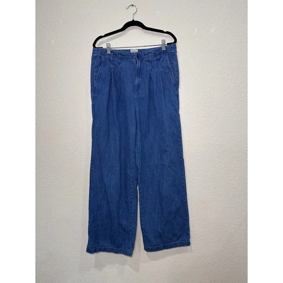 J.Crew Denim Wide Leg Pleated Cotton Linen Blend Pants Medium Wash Blue Size‎ 12