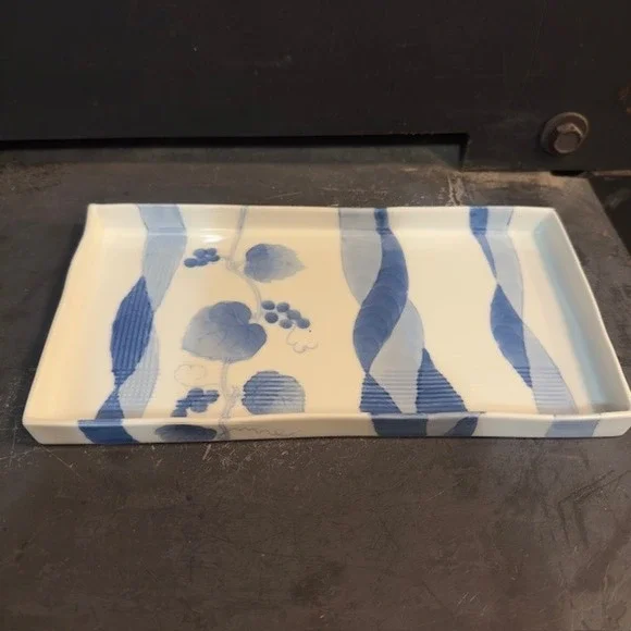 Japanese Ceramic‎ Rectangular Sushi Serving Dish Blue White Vine Leaves Pattern