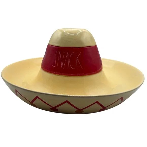 Rae Dunn Sombrero Chips and Dip Server Yellow Red Ceramic Snack‎ Set 2 Piece