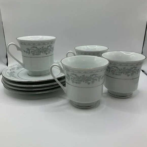 Somerset  Blue, Pink & Green Flowers w/Blue Ribbon Silver Trimmed Cups & Saucers