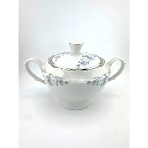 Vintage Smielow Poland Porcelain Sugar Bowl Lid Blue Floral‎ Silver Trim