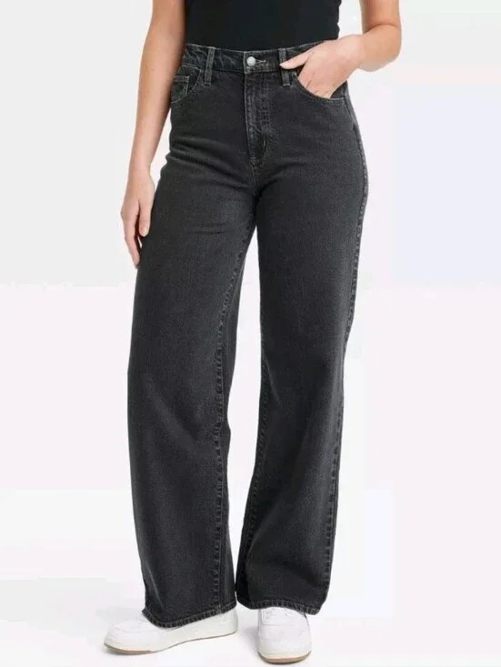High-Rise Wide Leg Jeans Dark Wash Faded Black Womens Size 14R 90s Baggy Classic