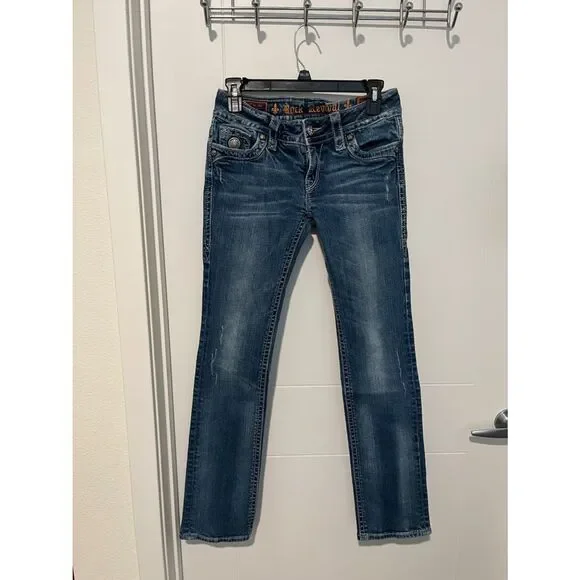 Rock Revival Tori Straight Blue Factory Distressed Denim Jeans Western Rodeo