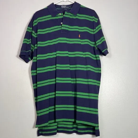 Polo Ralph Lauren Men's Blue Green Striped Polo Shirt Sz L Pony Academia